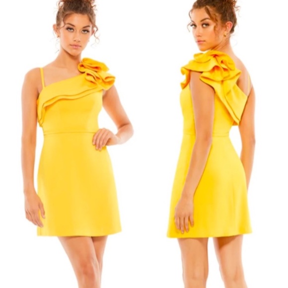 17. Mac Duggal leena Ruffle One Shoulder Mini Dress Lemon Yellow-12 - Picture 1 of 16